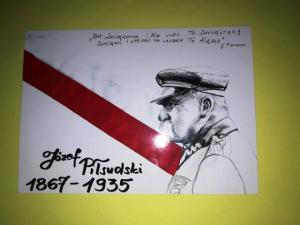 Rysunek z Jóżefem Piłsudskim i biało czerwoną flagą