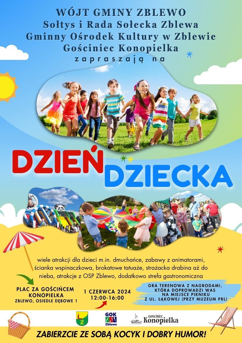 kolorowa grafika z wizerunkiem dzieci zapraszajaca na dzien dziecka w zblewie